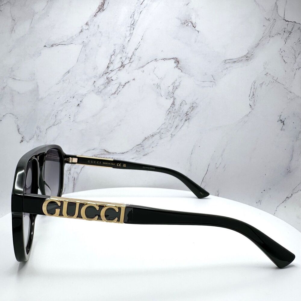 New GUCCI Sunglasses Black Acetate Pilot Aviator 58mm Navigator Gold Metal Logo - Picture 7 of 16